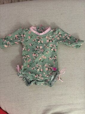 Ruffle Butts Mint Green Floral Long Sleeve Swimsuit with Pink Trim